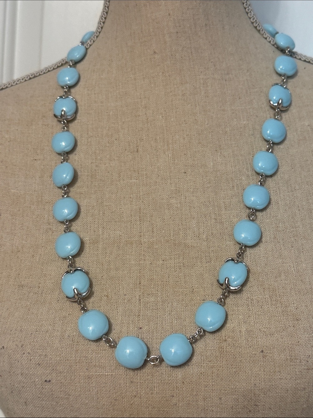 CROWN TRIFARI NECKLACE BLUE LUCITE STATION BEADS SILVER TONE VINTAGE 29” MCM